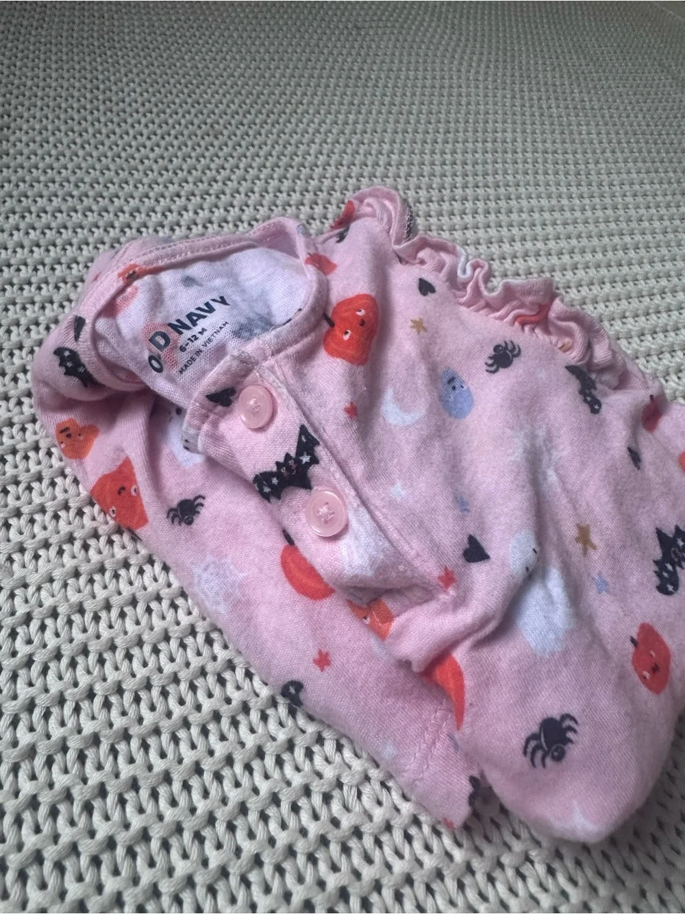 6-12 Months Pink Halloween Print Romper with Snaps + Pumpkin Hat